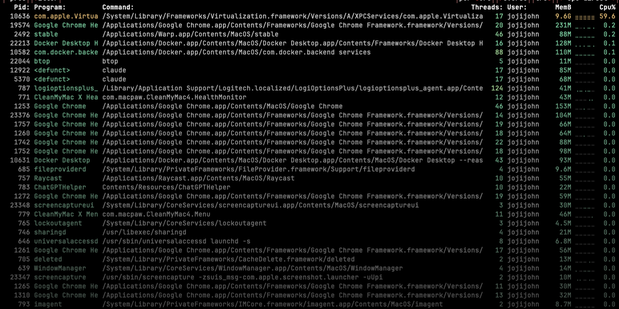 Docker Desktop Resource Usage in btop