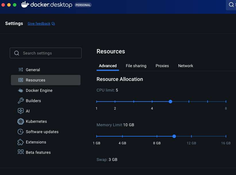 Docker Desktop Resource Settings